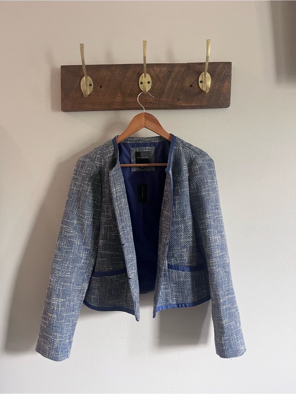 The limited Blue Tweed Open-Front Jacket size large